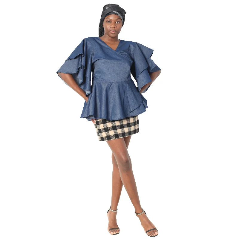 Women's Denim Peplum Wrap Blouse -- FI-DN3052 Chic Ruffle Blouse