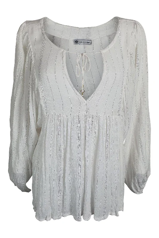 LITTLE MISS GYPSY White Garden Party Tie Front Blouse (M/L) Silky Draped Blouse