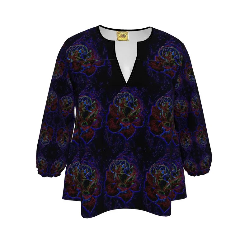 Floral Embosses: Roses 01 Patterned Designer 3/4 Sleeve Notch Neck Tunic Blouse Feminine Satin Blouse