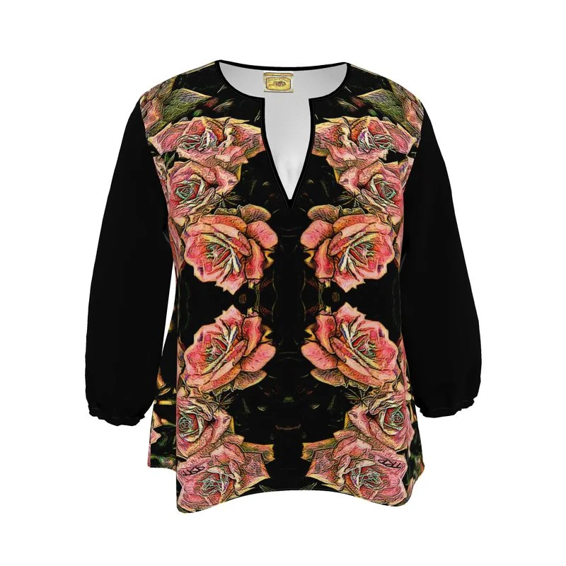 Floral Embosses: Roses 06-01 Designer 3/4 Sleeve Notch Neck Tunic Blouse Cotton Casual Blouse