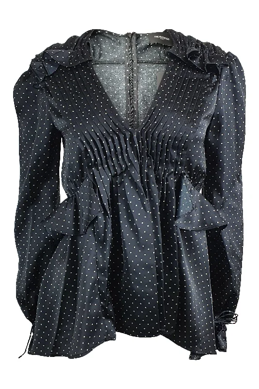 THE KOOPLES Black Long Sleeved Polka Dot Satin Blouse (2 | UK 12 | EU 38) Delicate Pleat Blouse