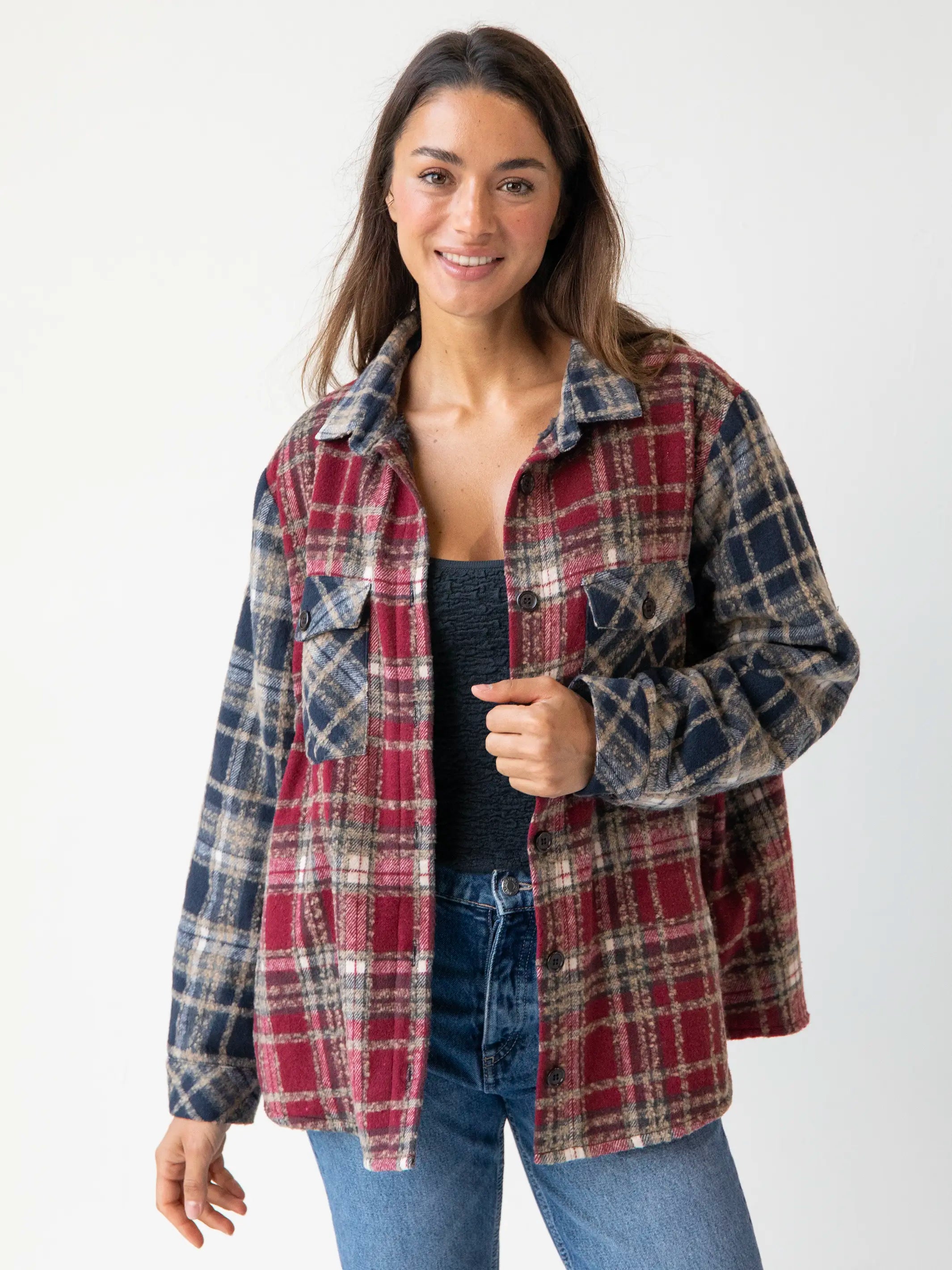 Warm & Cozy Shacket - Cranberry Navy Mixed Plaid Satin Long Blouse