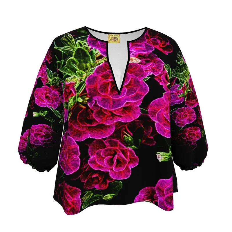 Floral Embosses: Roses 02-01 Designer 3/4 Sleeve Notch Neck Tunic Blouse Chic Wrap Blouse