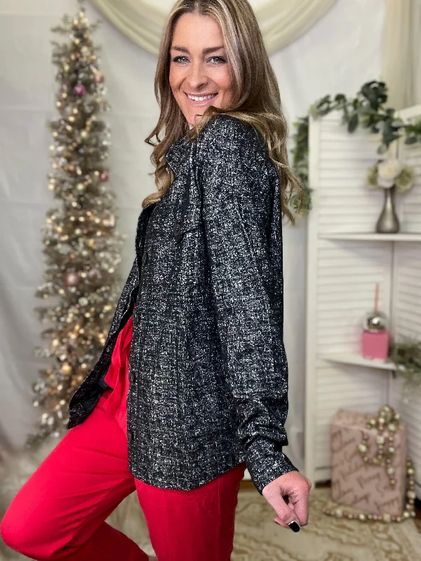 Black Melange Knit Shacket Chic Wrap Blouse