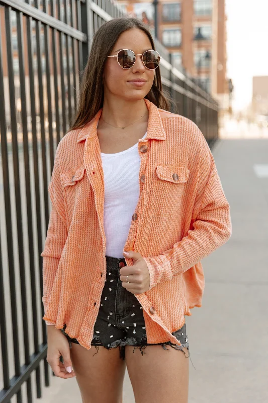 READY FOR SPRING NIGHTS WAFFLE SHACKET IN ORANGE Modern Work Blouse