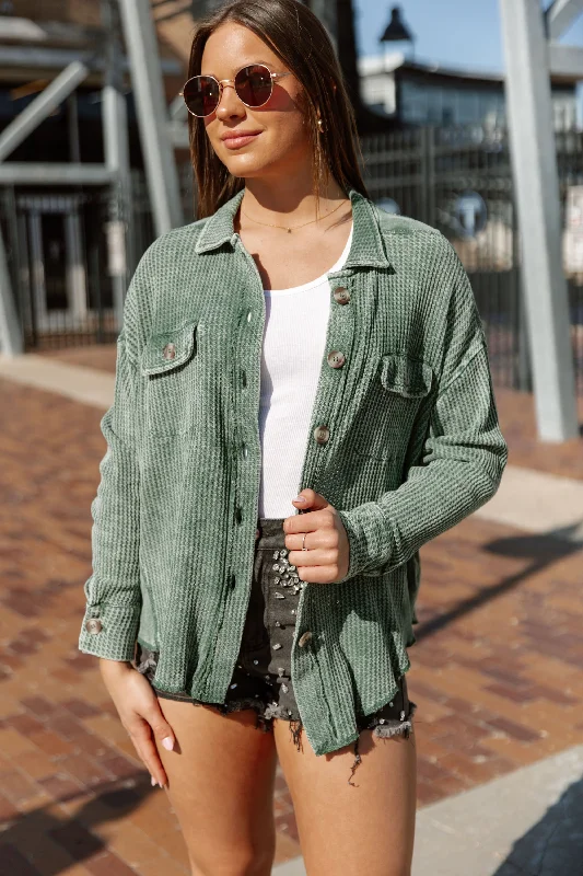 READY FOR SPRING NIGHTS WAFFLE SHACKET IN DARK GREEN Airy Cotton Blouse