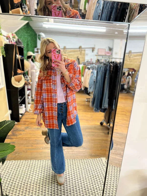 Coral Poppy Plaid Flannel Shacket [S-3x] Versatile Layering Blouse