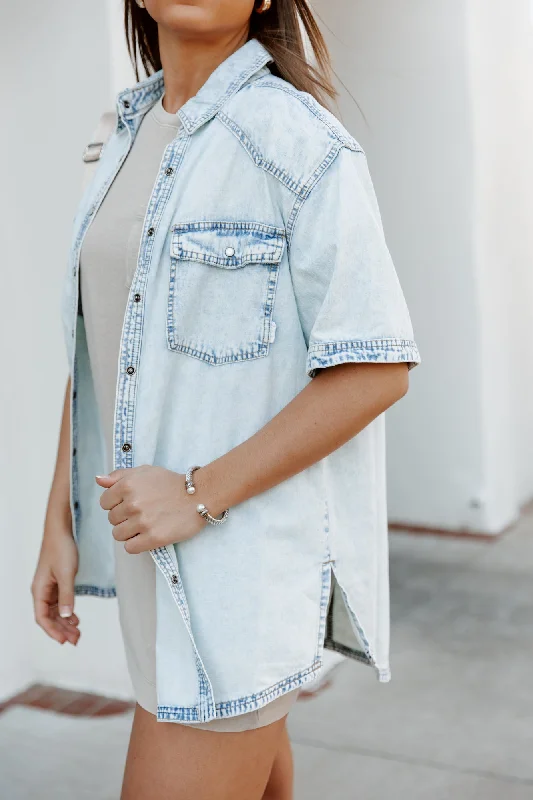 DENIM DOLL BUTTON UP SHACKET Romantic Lace Blouse