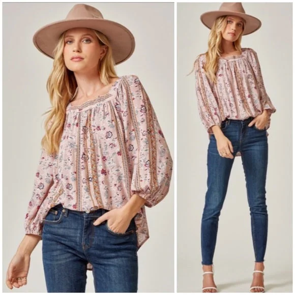 Mauve Bohemian Floral Print Peasant Long Sleeve Tie Back Square Neck Blouse Mandarin Collar Blouse