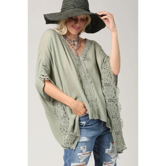 Olive Green Yoryu V-Neck Lace Trim Kimono Blouse Bohemian Casual Top Women's Casual Relaxed Fit Blouse