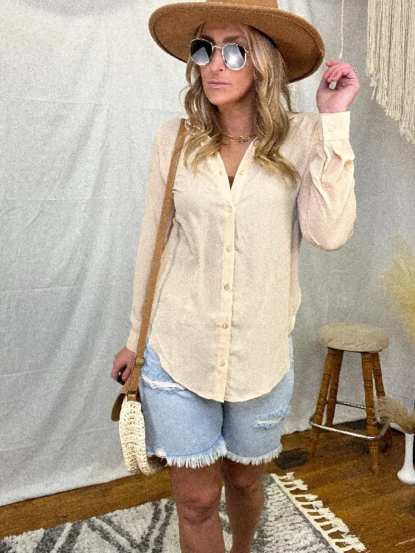 Tan Long Sleeve Button Up Chiffon Blouse Casual Stripe Blouse