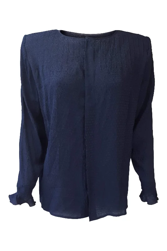 VALENTINO Vintage Navy Blue 100% Silk Pin tuck Blouse (40 / 6) Elegant Semi-Sheer Blouse