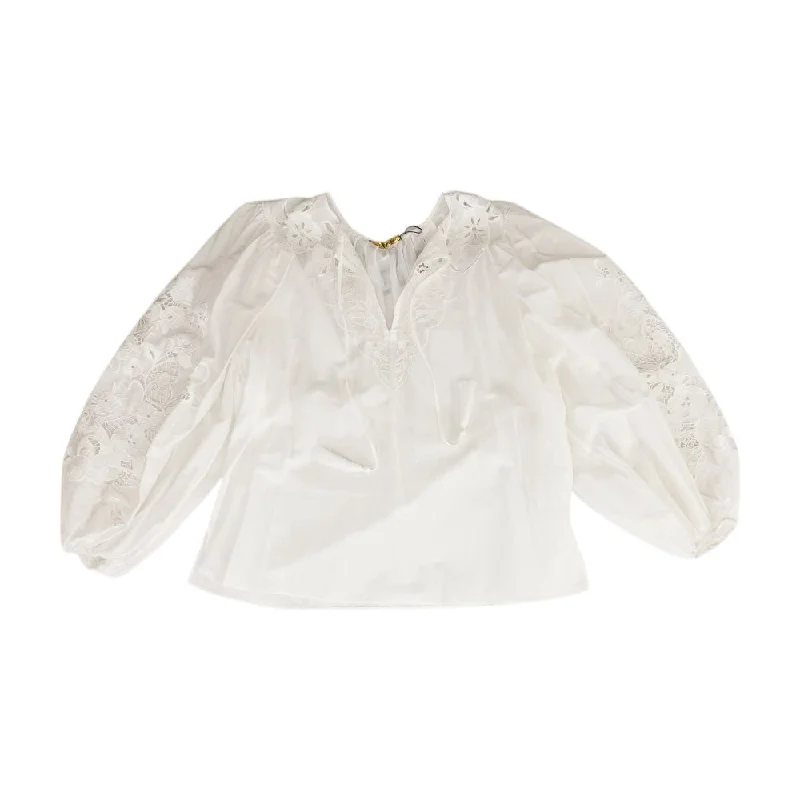 White Embroidery Detail Long Sleeve Blouse Polished Work Blouse