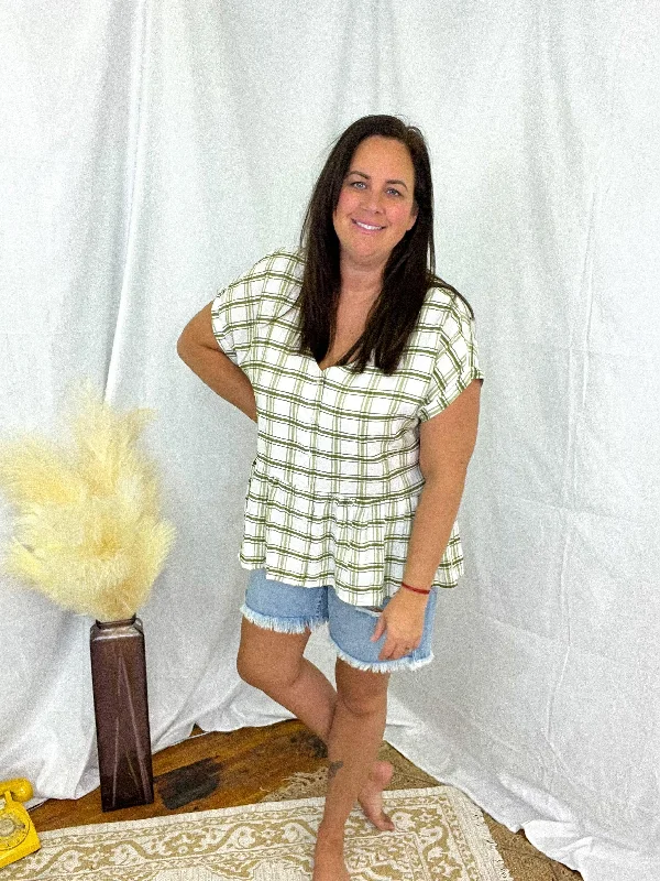 Curvy/Plus Cream Olive Plaid Short Sleeve Blouse Office Formal Blouse