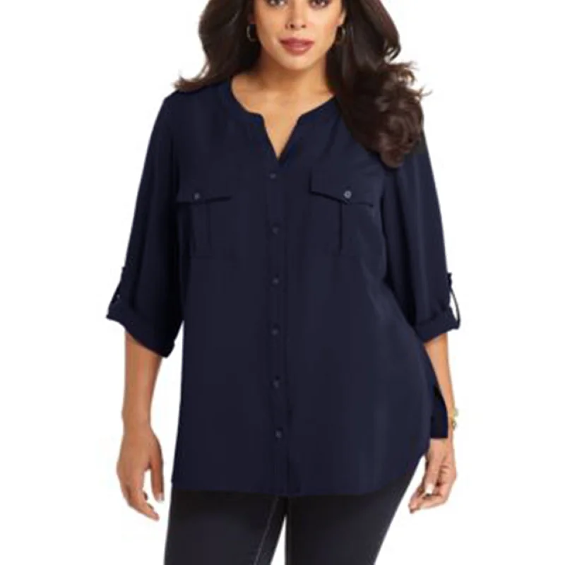 Elementz Blue 3/4 Sleeve Button Down Blouse Plus Size Chic Off-Shoulder Blouse