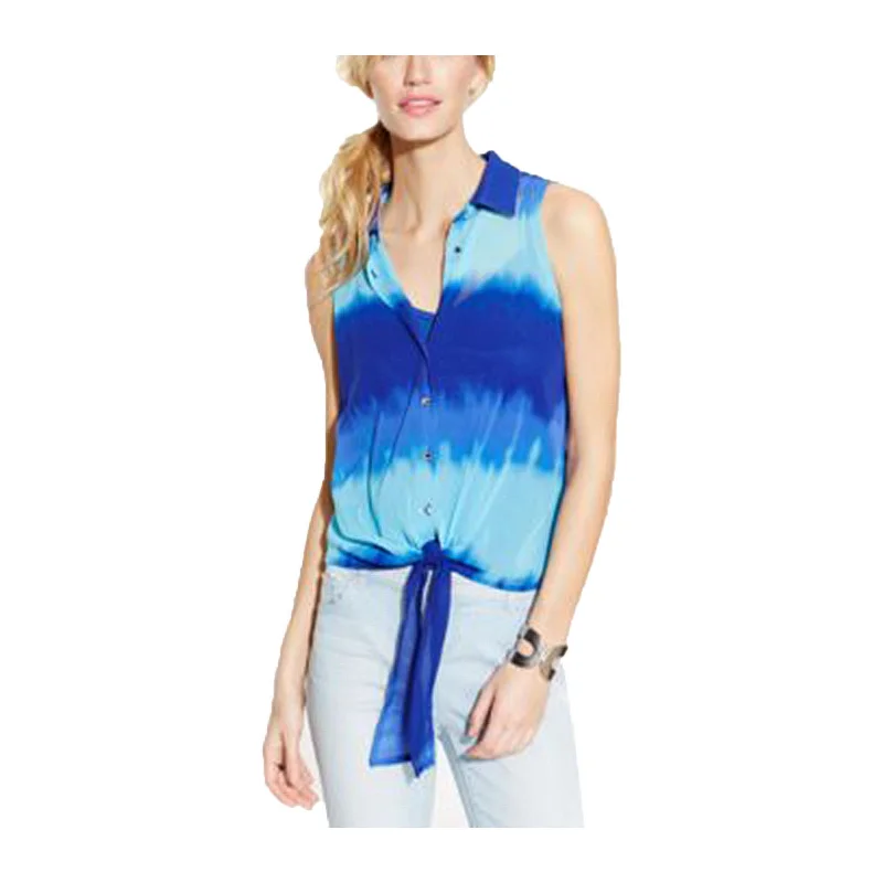 INC Blue Tie-Dye Sleeveless Layered Button Down Blouse Plus Size Semi-Sheer Blouse