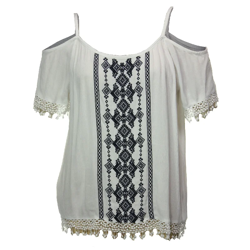 INC White Embroidered Cold Shoulder Short Sleeve Blouse Oversized Silk Blouse