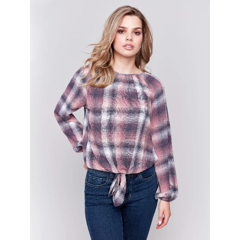 Long-Sleeve Tie-Front Blouse - Quartz Ruffled Neck Blouse