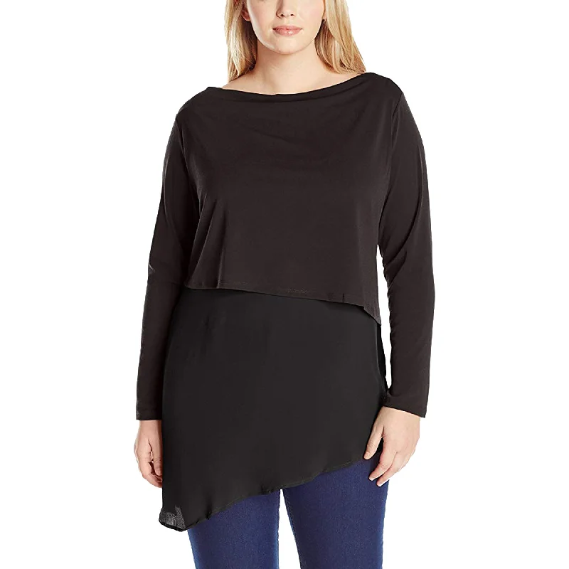 NY Collection Black Long Sleeve Layered Asymmetric Hem Blouse Plus Size Wrap Front Blouse