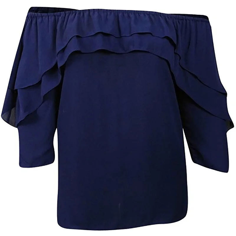 NY Collection Blue 3/4 Sleeve Off-the-Shoulder Ruffled Blouse Plus Size Relaxed Fit Blouse