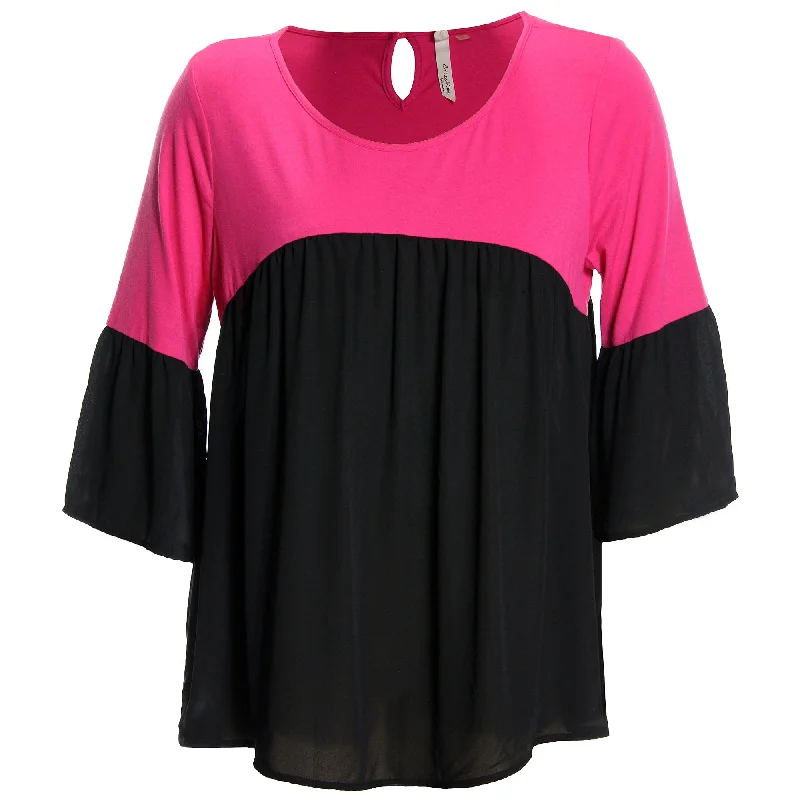 NY Collection Pink/Black Color Block 3/4 Bell Sleeve Blouse Embellished Collar Blouse