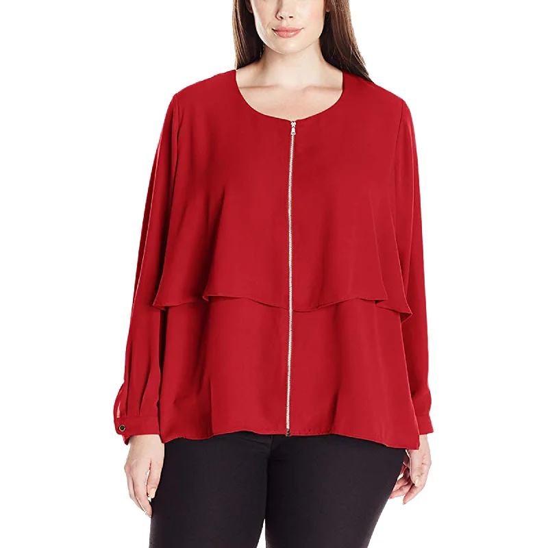 NY Collection Red Long Sleeve Zip Front Layered High-Low Blouse Plus Size Elegant Lace Blouse