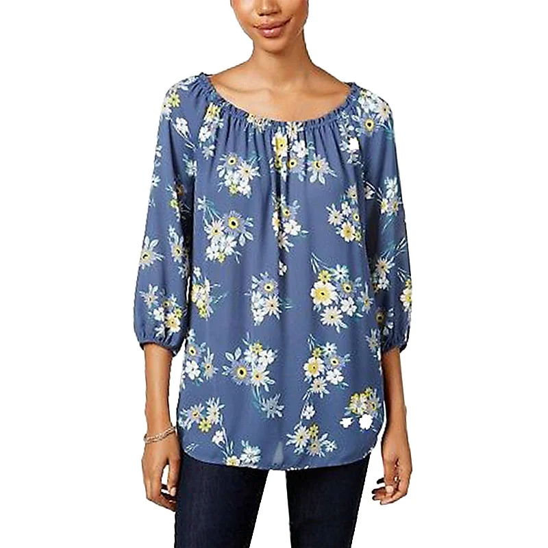 Style & Co Blue Floral Print 3/4 Sleeve Blouse Classic Striped Blouse