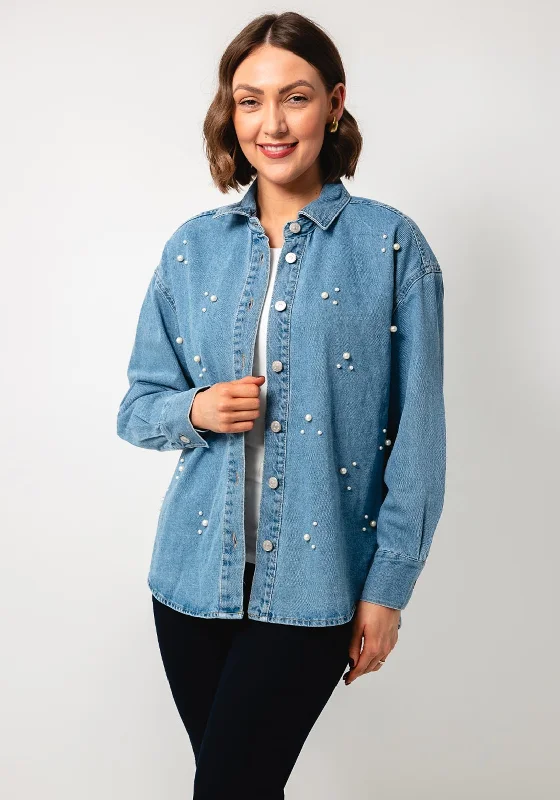 Tiffosi Gilda Pearl Embellished Denim Shacket, Blue Boho Printed Blouse