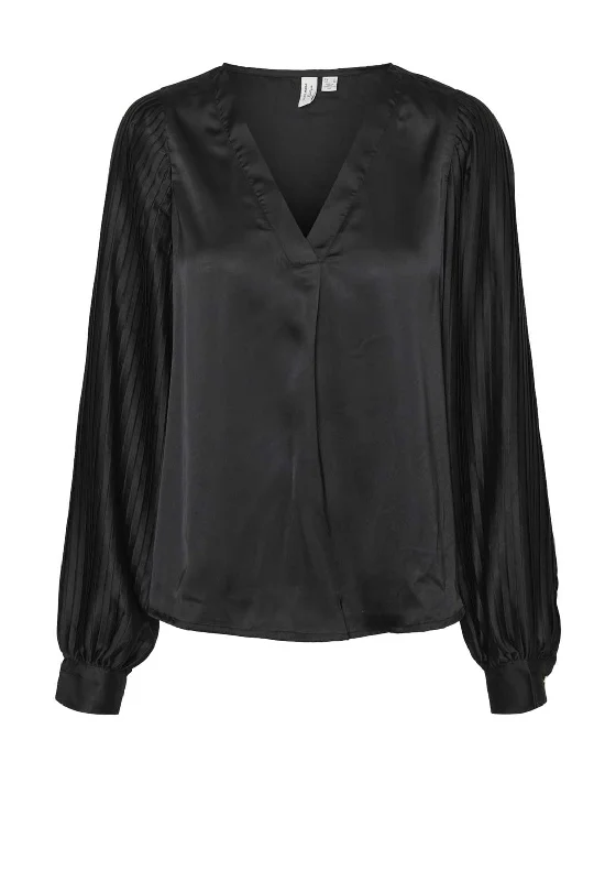 Vero Moda Tara Pleated Sleeve Satin Blouse, Black Peter Pan Blouse