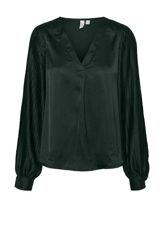 Vero Moda Tara Pleated Sleeve Satin Blouse, Green Sheer Mesh Blouse