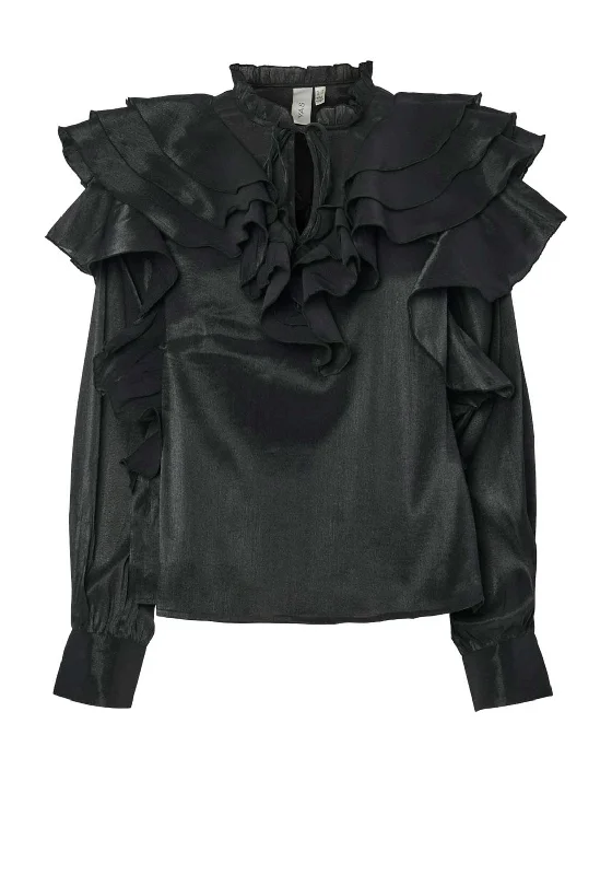 Y.A.S Flomera Frill Long Sleeve Blouse, Black Drape Neck Blouse