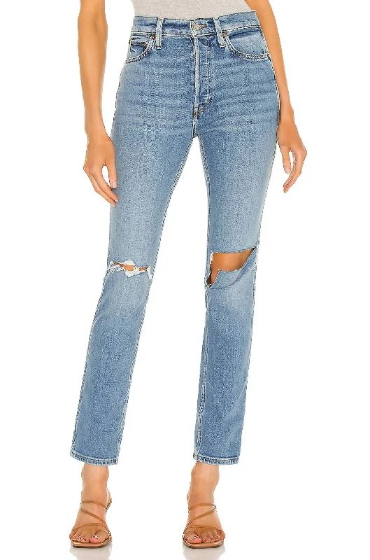 80's Slim Straight Jean In Brisk Blue With Rips Trendy Bootcut High-Waisted Jeans