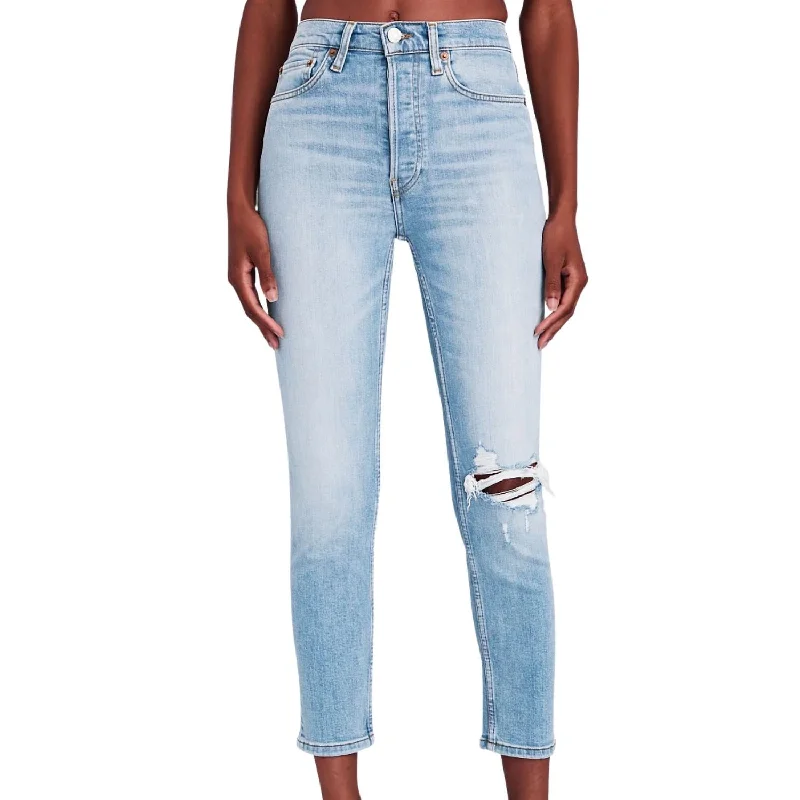 90's High-Rise Ankle Crop Jean In Worn Light Azure Stylish Paperbag Waist Denim