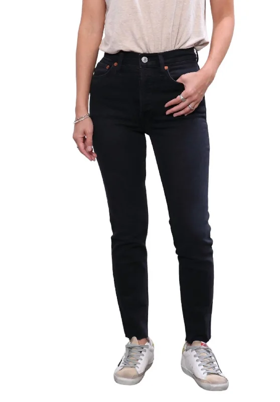 90's High Rise Ankle Jean In Faded Black Comfortable Distressed Straight-Leg Jeans