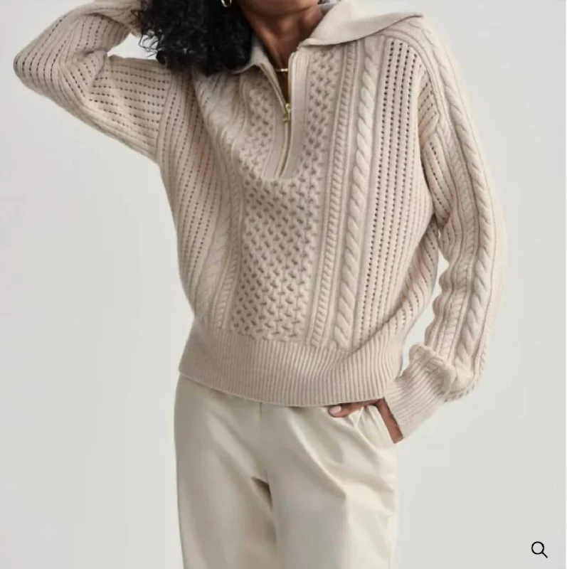 Camello Releaxed Cable Half Zip Sweater In Parchment Front Pockets Side Pockets Patch Pockets