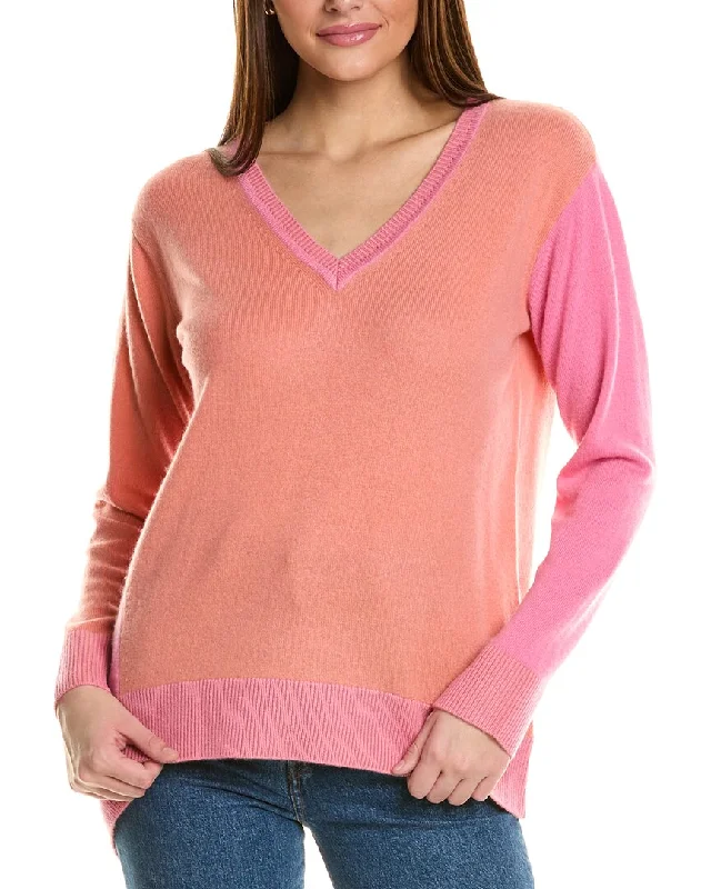 Collaboration V-Neck Asymmetrical Colorblocked Cashmere Sweater Ribbed Striped Patterned