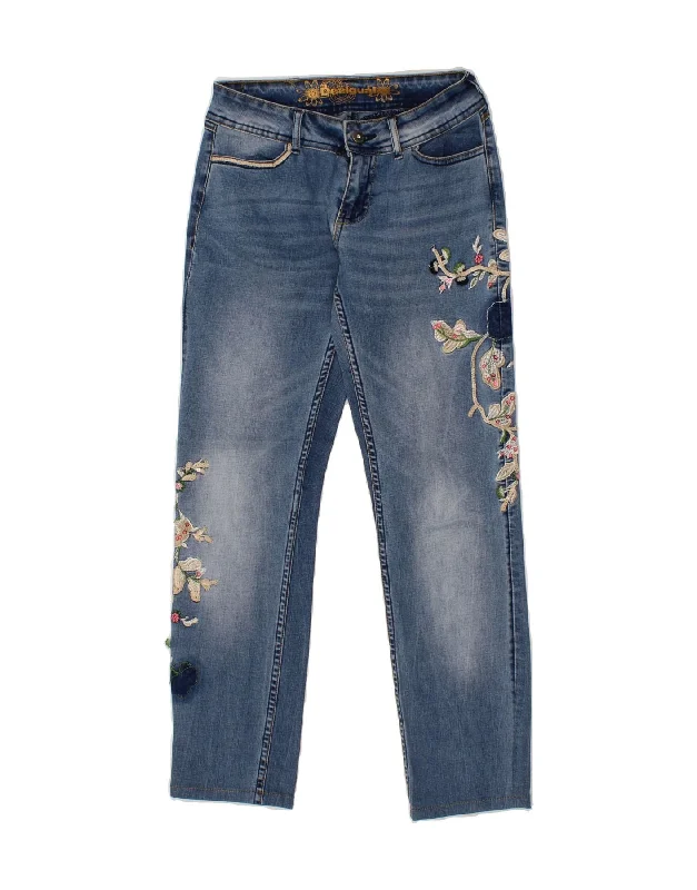 DESIGUAL Womens Graphic Tapered Jeans W28 L27 Blue Floral Trendy Paperbag Waist Jeans