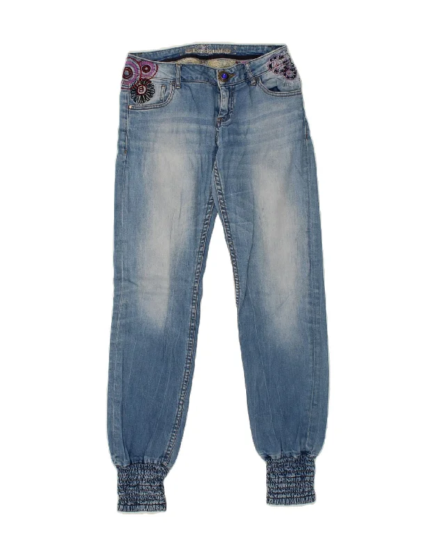 DESIGUAL Womens Joggers Slim Jeans W26 L32 Blue Floral Polyester Fashionable White Denim Jeans