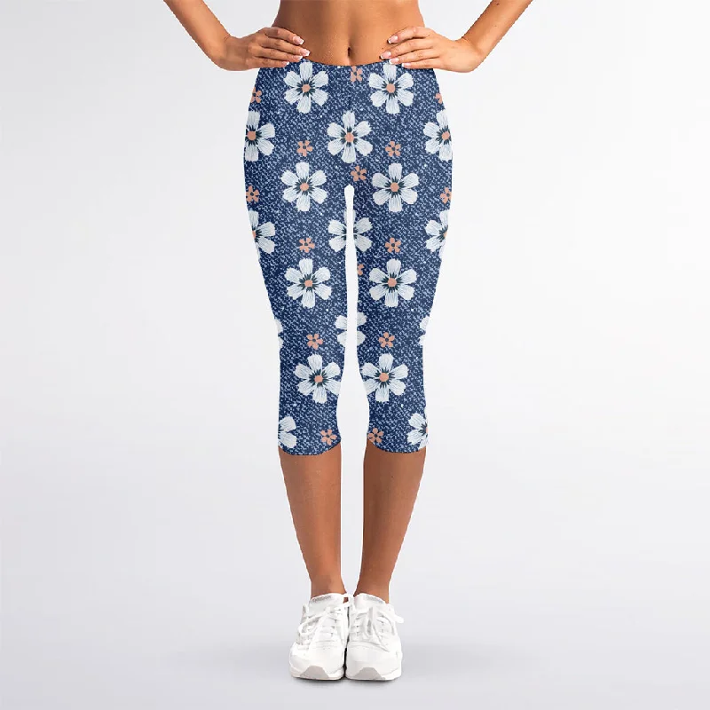 Flower Denim Jeans Pattern Print Women's Capri Leggings Classic Blue Denim Jeans