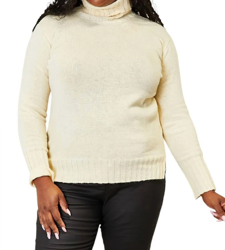 Full Size Long Sleeve Turtleneck Sweater With Side Slit In Cream Collared Crew Neck Turtle Neck