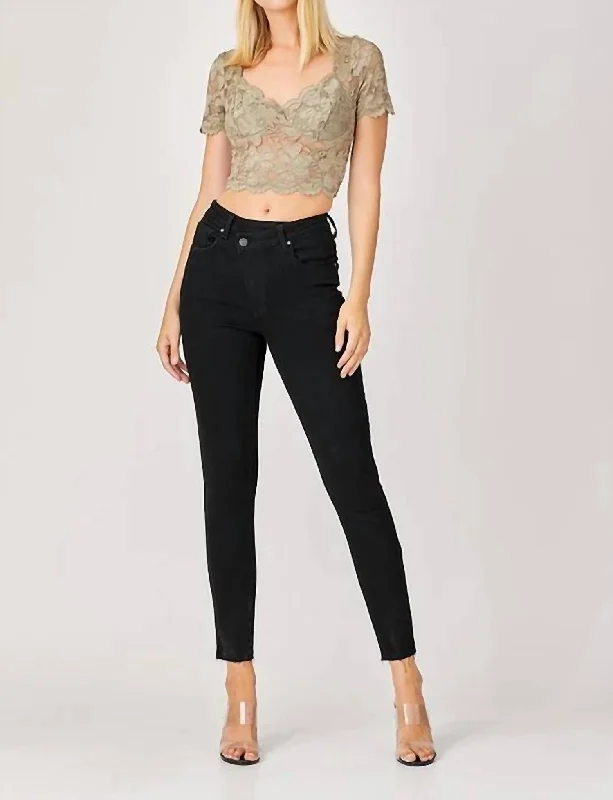 High Rise Crossover Skinny Jeans In Black Fashionable Raw Edge Jeans