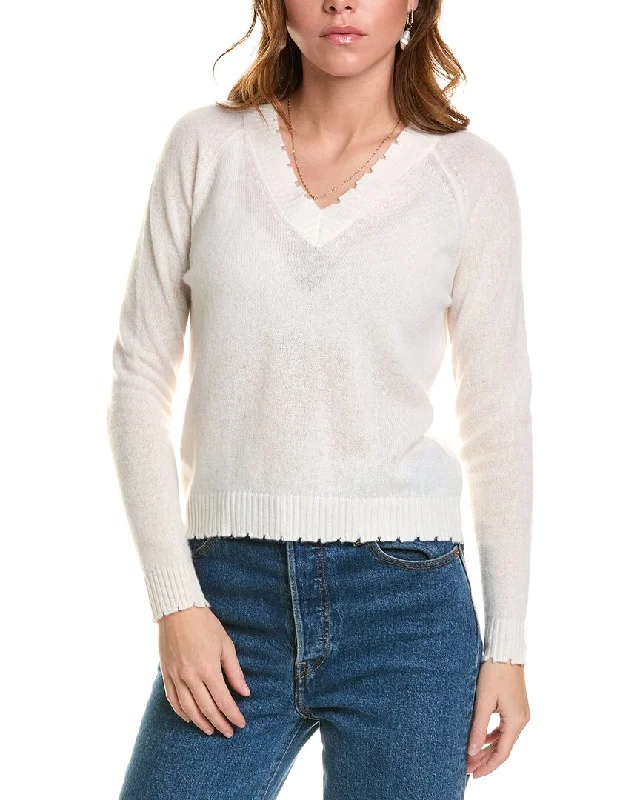 Minnie Rose Distressed Trim Cashmere Sweater Collared Crew Neck Turtle Neck