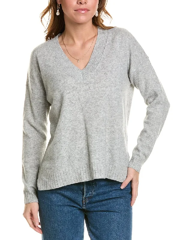 Minnie Rose High-Low Cashmere Sweater Welt Pockets Slit Pockets Flap Pockets