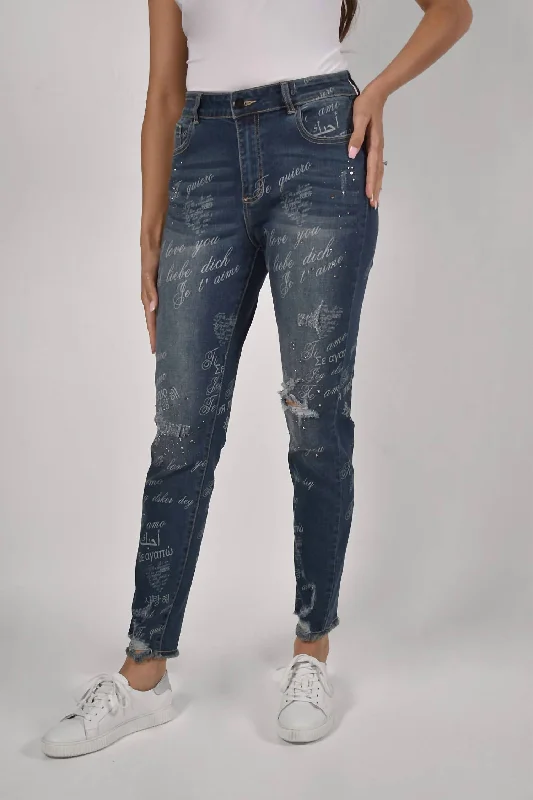 Print Jean In Denim Trendy Plus Size Jeans