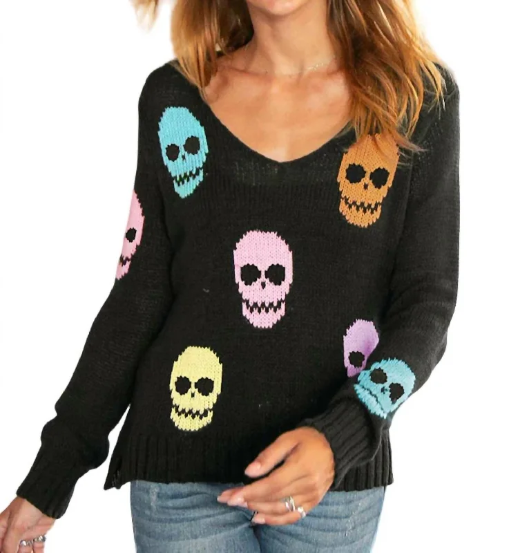 Skulls Sweater In Black Multi Sequined Glittery Shiny