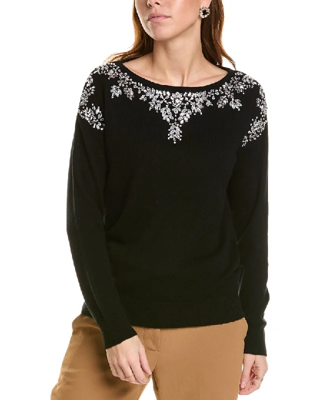 sofiacashmere Embellished Boatneck Cashmere Sweater Seamless Knitted Crochet