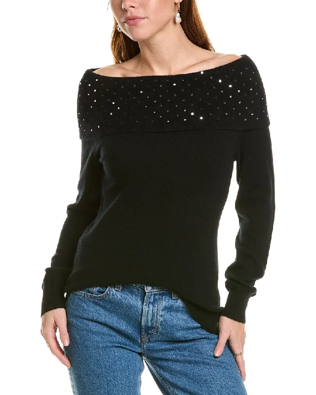 sofiacashmere Off-the-Shoulder Cashmere Sweater Solid Print Embellished