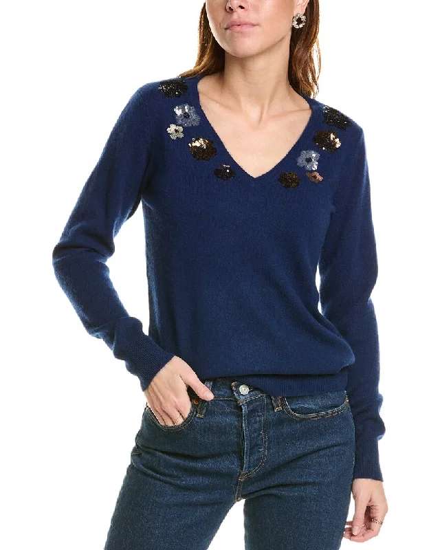 sofiacashmere Sequin Embellished V-Neck Cashmere Sweater Elegant Classic Vintage