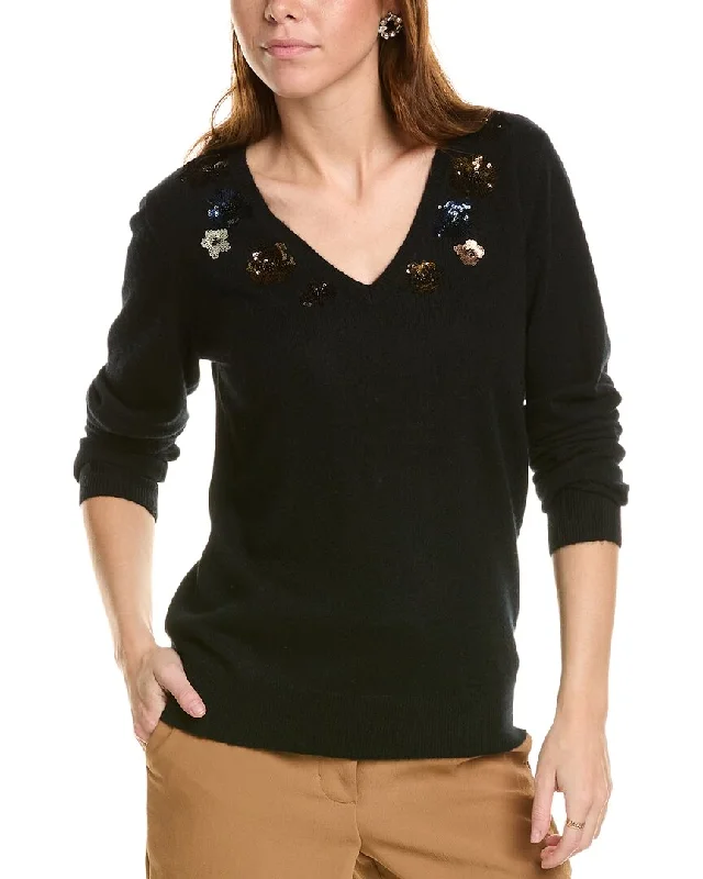 sofiacashmere Sequin Embellished V-Neck Cashmere Sweater Modern Contemporary Chic