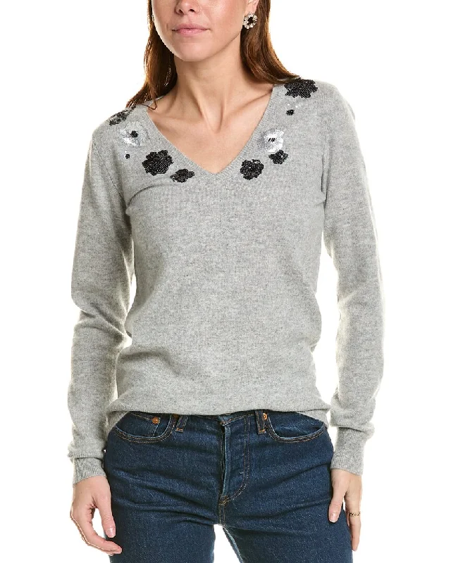 sofiacashmere Sequin Embellished V-Neck Cashmere Sweater Cable Knit Ribbed Knit Lace Knit